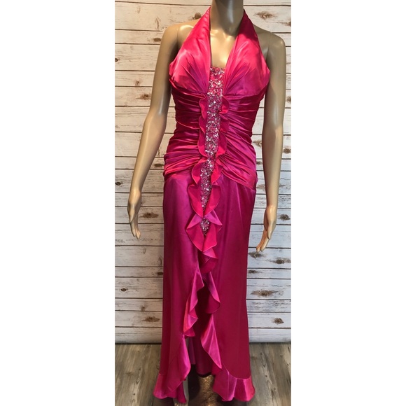 pink sequin halter dress
